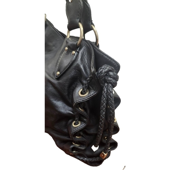 Michael Kors Black Leather Braided Handle Tote Satchel Whipstitch Grommet Large - Picture 6 of 15